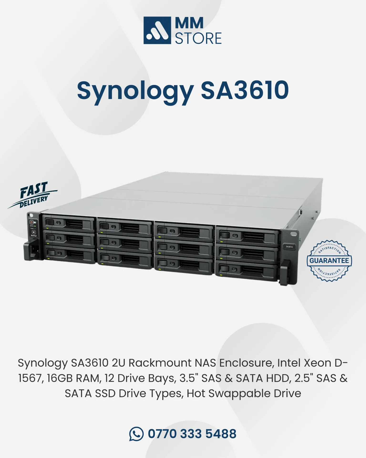 Synology SA3610 2U Rackmount NAS Enclosure, Intel Xeon D-1567, 16GB RAM, 12 Drive Bays, 3.5" SAS & SATA HDD, 2.5" SAS & SATA SSD Drive Types, Hot Swappable Drive