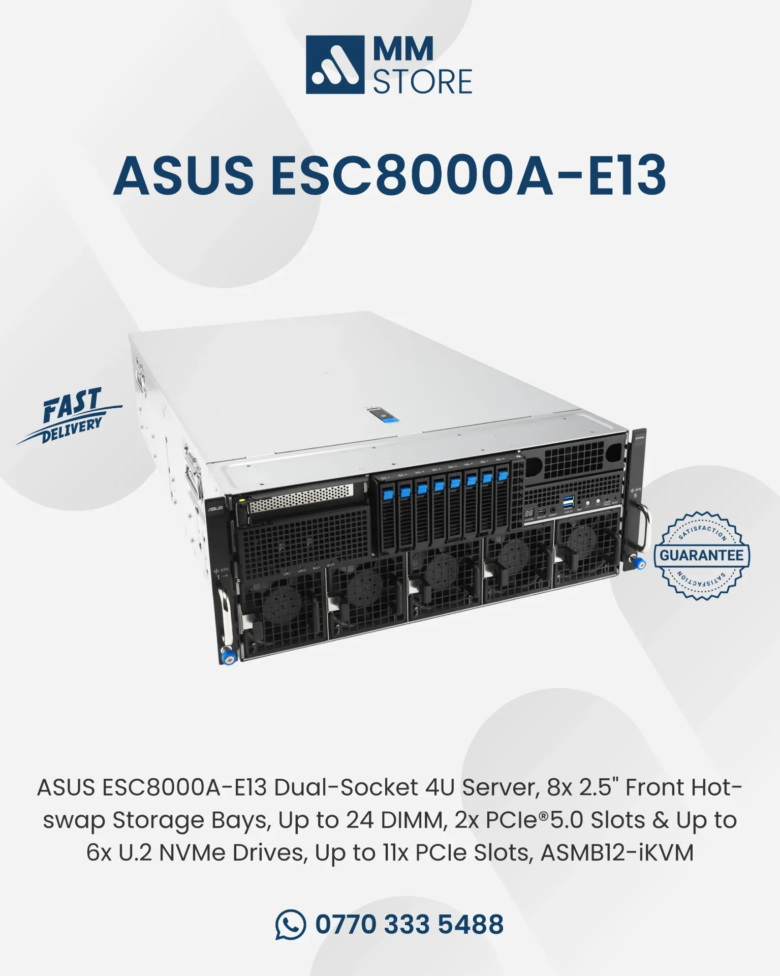 ASUS ESC8000A-E13 Dual-Socket 4U Server, 8x 2.5" Front Hot-swap Storage Bays, Up to 24 DIMM, 2x PCIe®5.0 Slots & Up to 6x U.2 NVMe Drives, Up to 11x PCIe Slots, ASMB12-iKVM