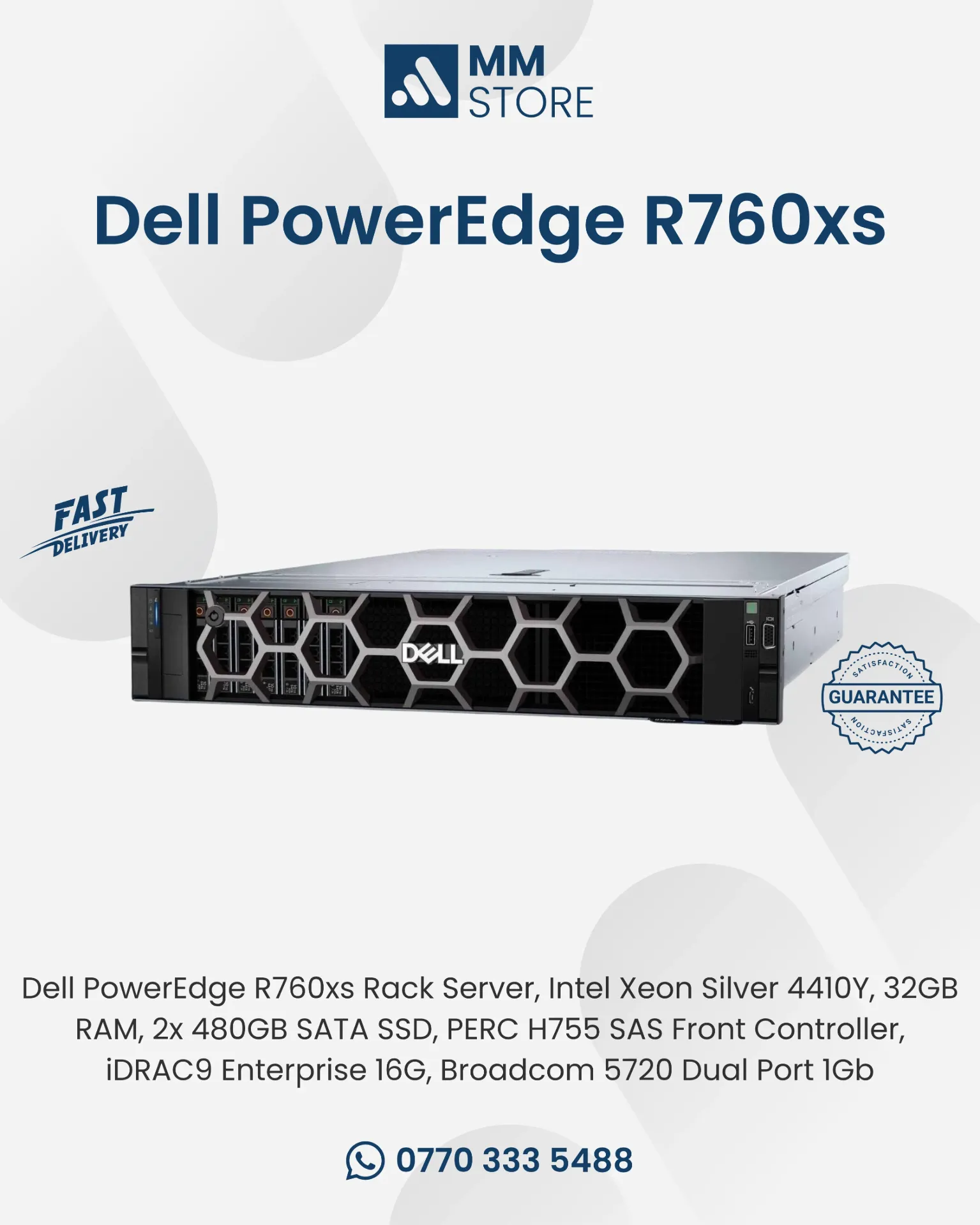 Dell PowerEdge R760xs Rack Server, Intel Xeon Silver 4410Y, 32GB RAM, 2x 480GB SATA SSD, PERC H755 SAS Front Controller, iDRAC9 Enterprise 16G, Broadcom 5720 Dual Port 1Gb