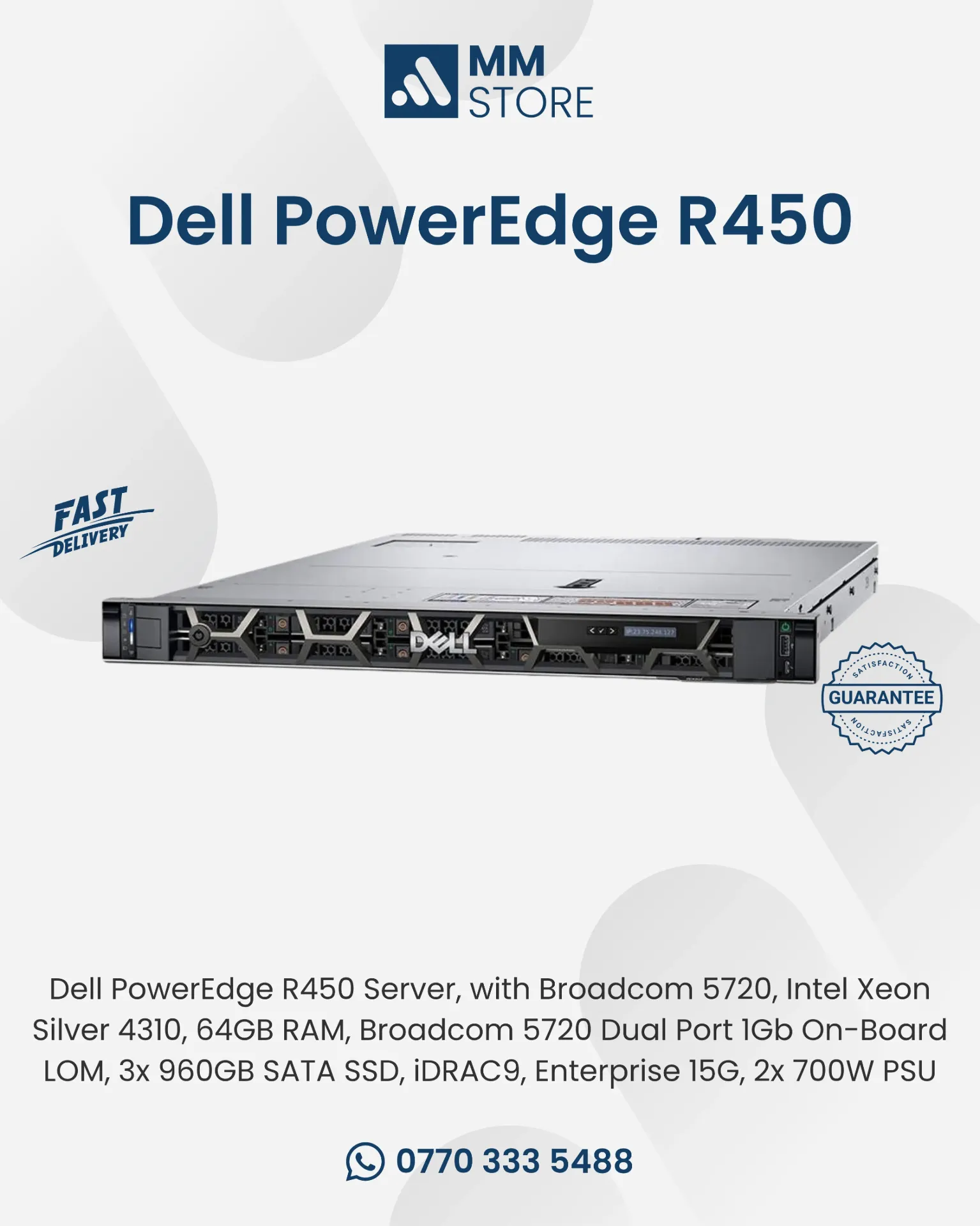 Dell PowerEdge R450 Server, with Broadcom 5720, Intel Xeon Silver 4310, 64GB RAM, Broadcom 5720 Dual Port 1Gb On-Board LOM, 3x 960GB SATA SSD, iDRAC9, Enterprise 15G, 2x 700W PSU