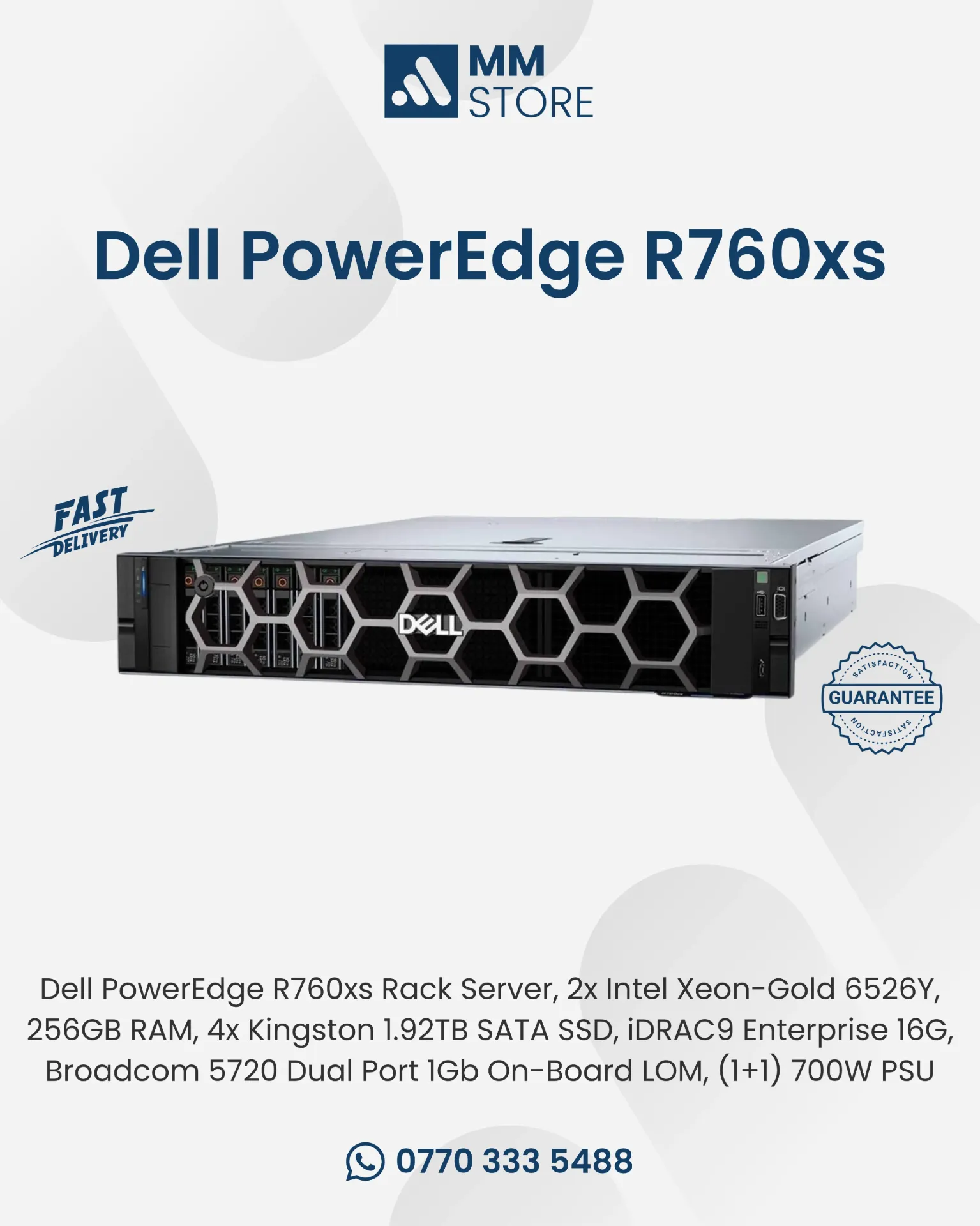 Dell PowerEdge R760xs Rack Server, 2x Intel Xeon-Gold 6526Y, 256GB RAM, 4x Kingston 1.92TB SATA SSD, iDRAC9 Enterprise 16G, Broadcom 5720 Dual Port 1Gb On-Board LOM, (1+1) 700W PSU