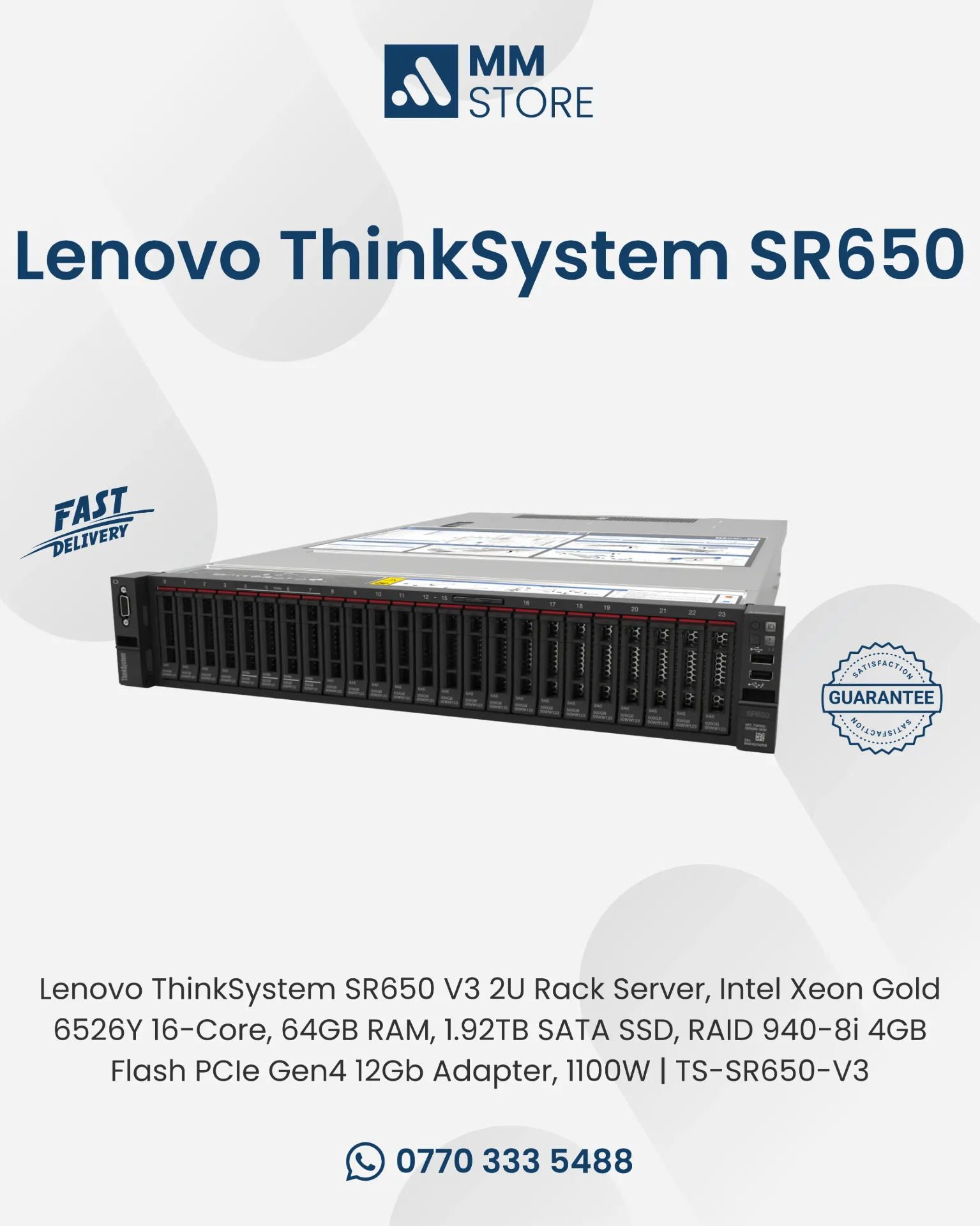 Lenovo ThinkSystem SR650 V3 2U Rack Server, Intel Xeon Gold 6526Y 16-Core, 64GB RAM, 1.92TB SATA SSD, RAID 940-8i 4GB Flash PCIe Gen4 12Gb Adapter, 1100W