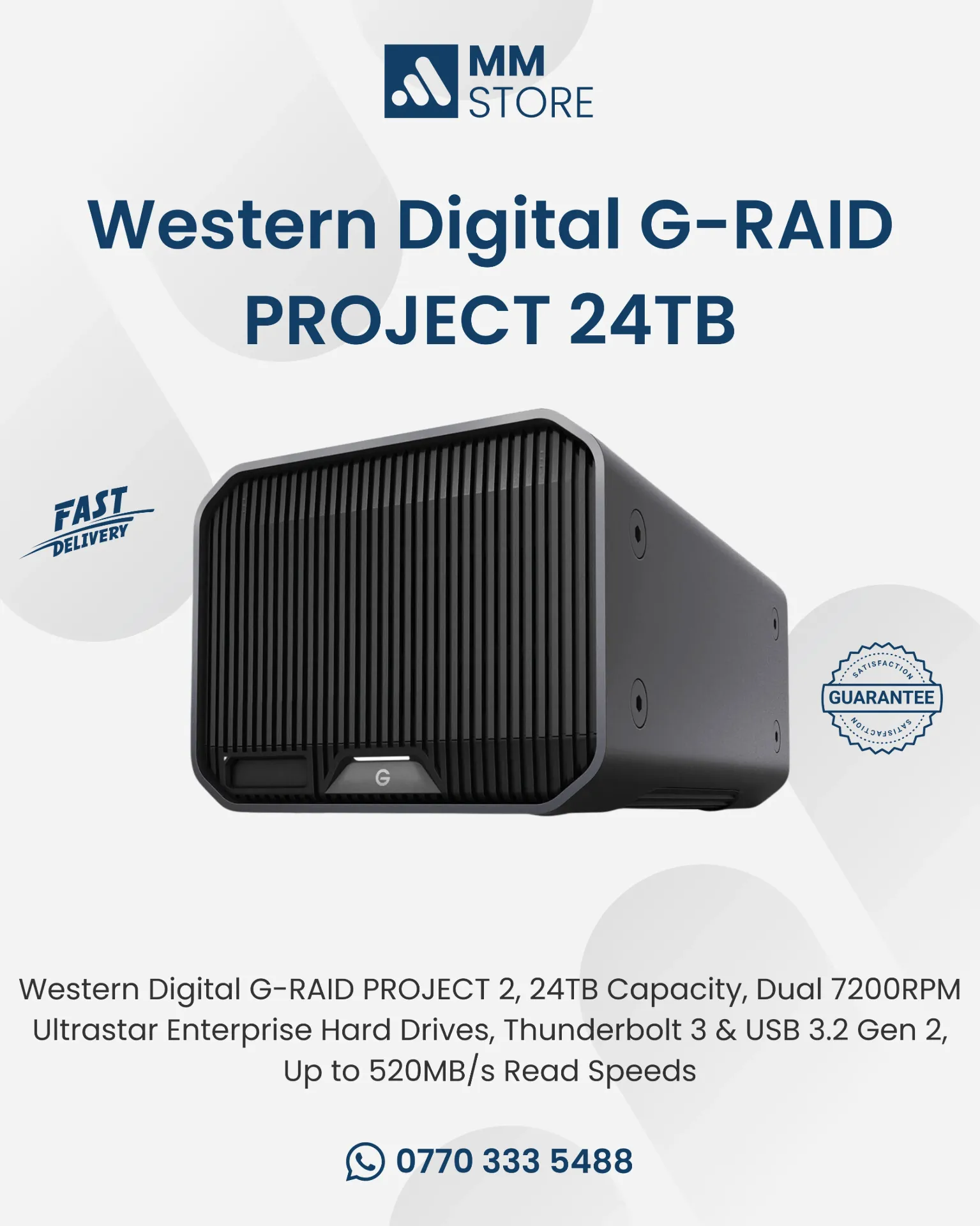 Western Digital G-RAID PROJECT 2, 24TB Capacity, Dual 7200RPM Ultrastar Enterprise Hard Drives, Thunderbolt 3 & USB 3.2 Gen 2, Up to 520MB/s Read Speeds