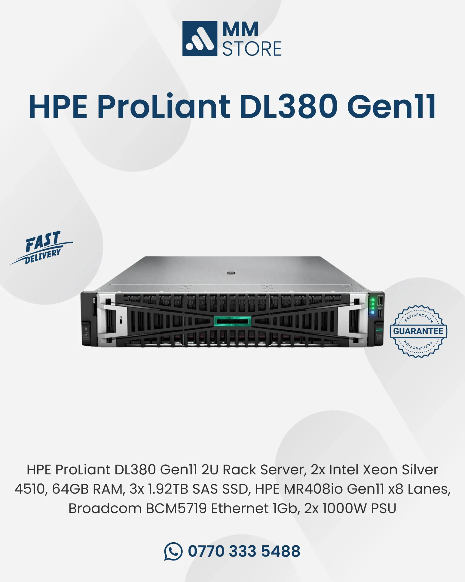 HPE ProLiant DL380 Gen11 2U Rack Server, 2x Intel Xeon Silver 4510, 64GB RAM, 3x 1.92TB SAS SSD, HPE MR408io Gen11 x8 Lanes, Broadcom BCM5719 Ethernet 1Gb, 2x 1000W PSU