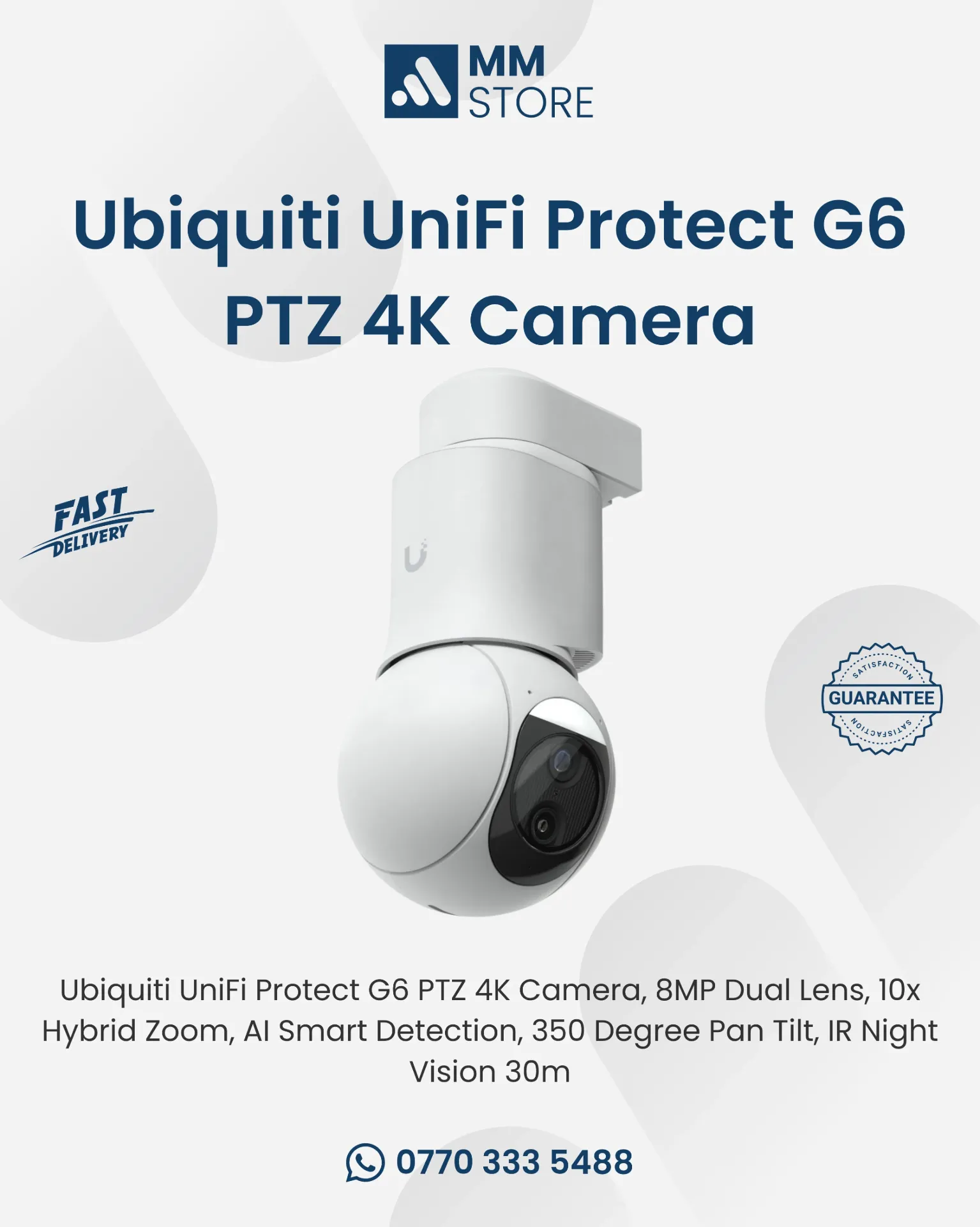 Ubiquiti UniFi Protect G6 PTZ 4K Camera, 8MP Dual Lens, 10x Hybrid Zoom, AI Smart Detection, 350 Degree Pan Tilt, IR Night Vision 30m