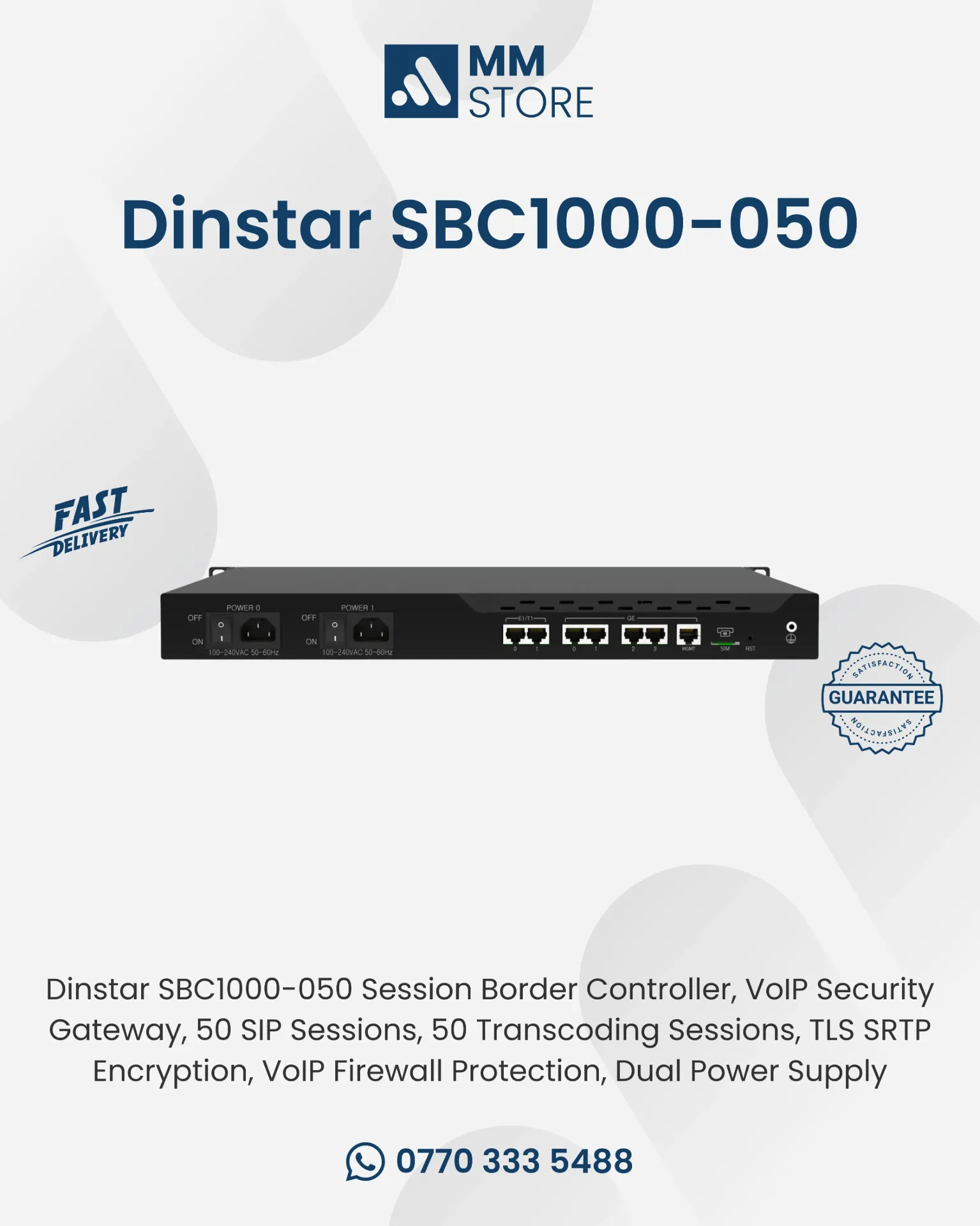 Dinstar SBC1000-050 Session Border Controller, VoIP Security Gateway, 50 SIP Sessions, 50 Transcoding Sessions, TLS SRTP Encryption, VoIP Firewall Protection, Dual Power Supply
