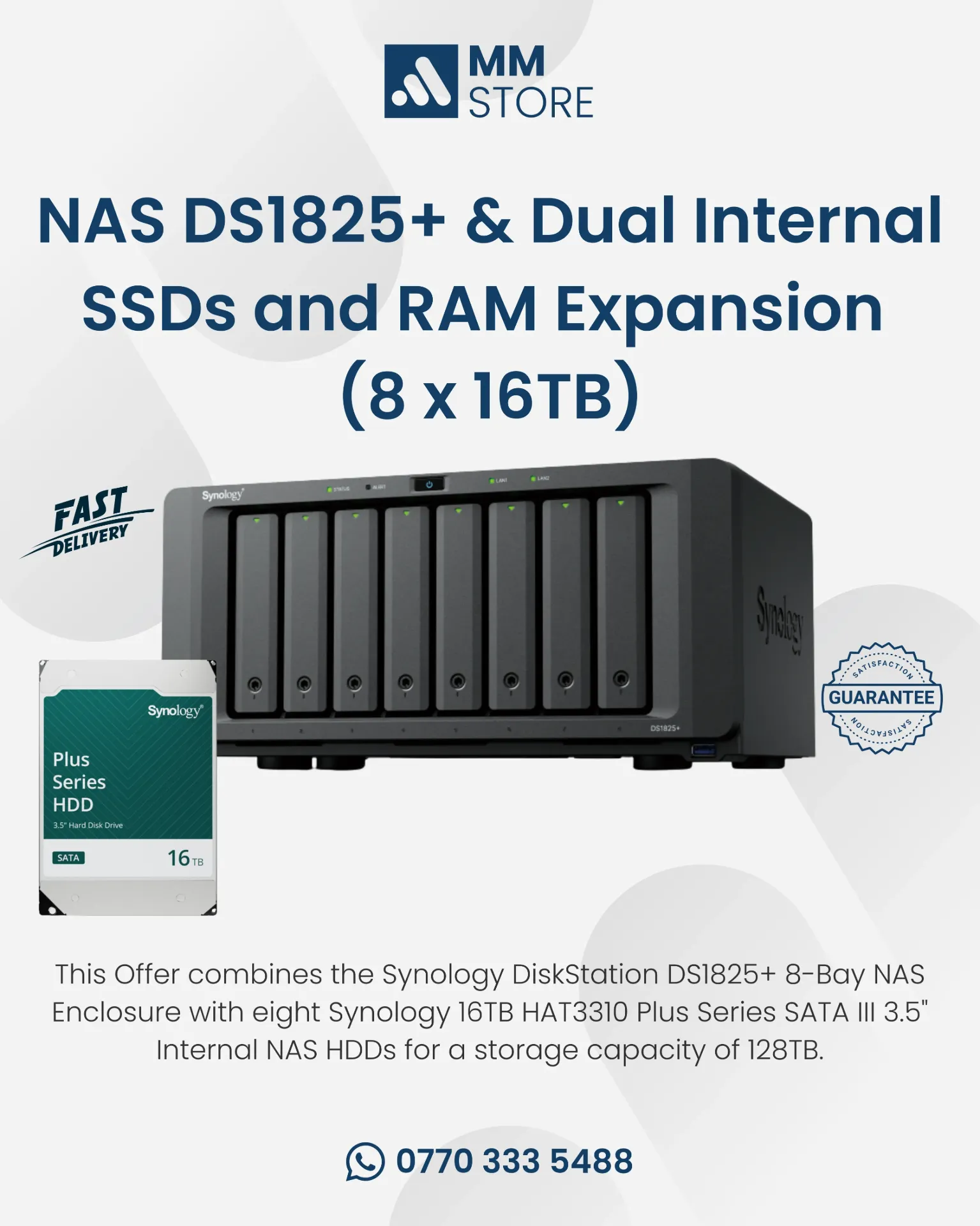 Synology 128TB DiskStation DS1825+ 8-Bay NAS Enclosure Kit with Dual Internal SSDs and RAM Expansion (8 x 16TB)