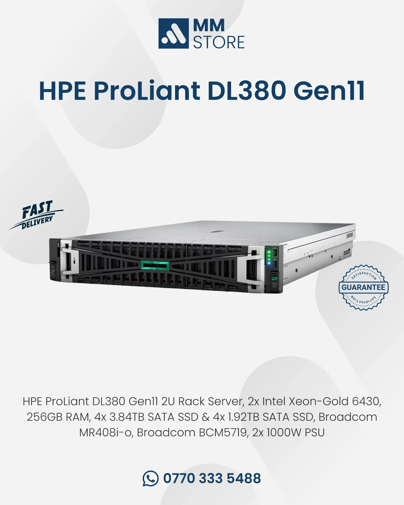 HPE ProLiant DL380 Gen11 2U Rack Server, 2x Intel Xeon-Gold 6430, 256GB RAM, 4x 3.84TB SATA SSD & 4x 1.92TB SATA SSD, Broadcom MR408i-o, Broadcom BCM5719, 2x 1000W PSU