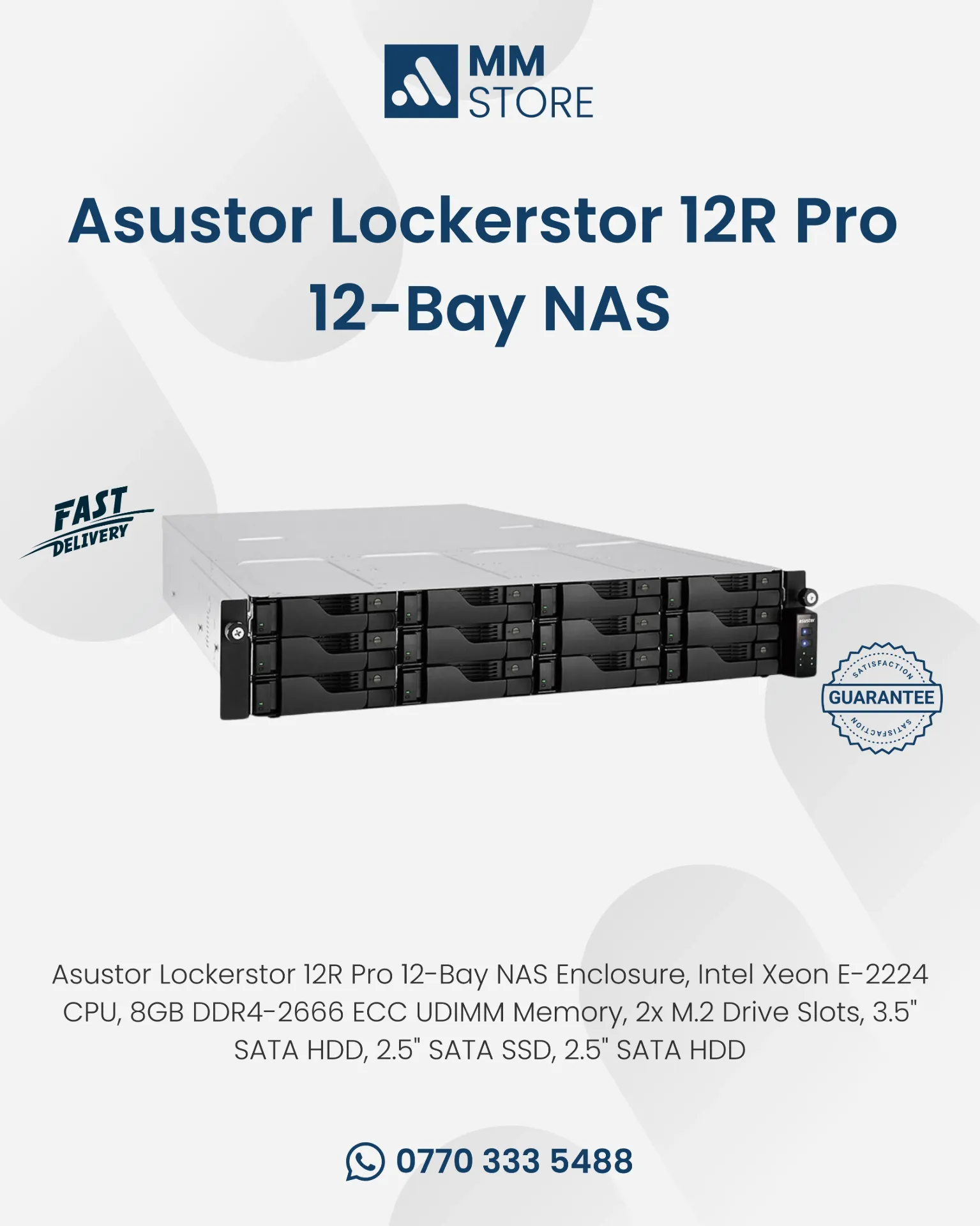 Asustor Lockerstor 12R Pro 12-Bay NAS Enclosure, Intel Xeon E-2224 CPU, 8GB DDR4-2666 ECC UDIMM Memory, 2x M.2 Drive Slots, 3.5" SATA HDD, 2.5" SATA SSD, 2.5" SATA HDD