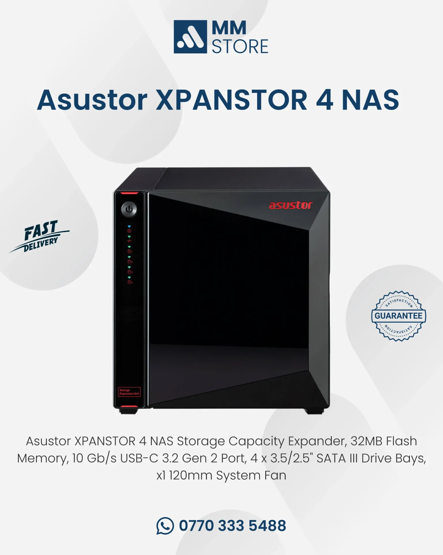 Asustor XPANSTOR 4 NAS Storage Capacity Expander, 32MB Flash Memory, 10 Gb/s USB-C 3.2 Gen 2 Port, 4 x 3.5/2.5" SATA III Drive Bays, x1 120mm System Fan