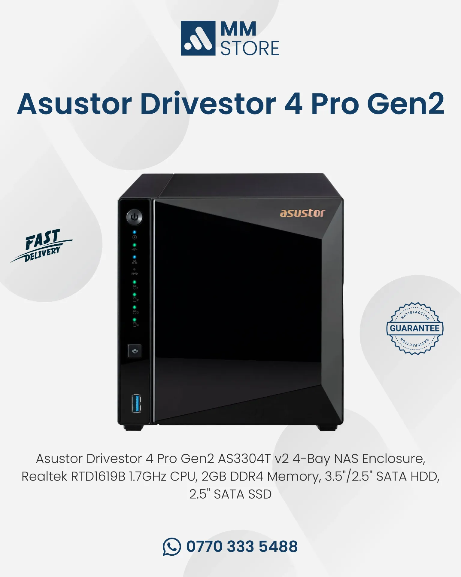 Asustor Drivestor 4 Pro Gen2 AS3304T v2 4-Bay NAS Enclosure, Realtek RTD1619B 1.7GHz CPU, 2GB DDR4 Memory, 3.5"/2.5" SATA HDD, 2.5" SATA SSD