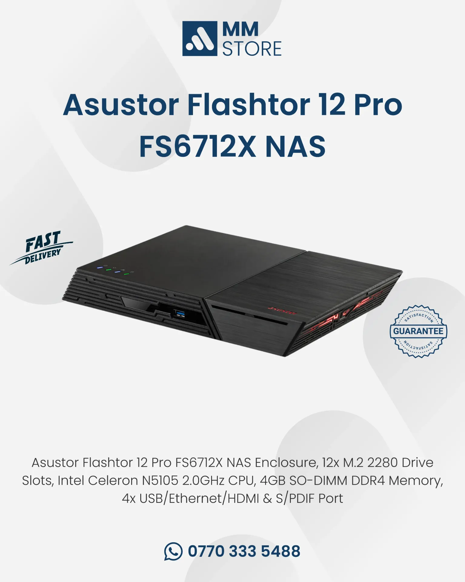 Asustor Flashtor 12 Pro FS6712X NAS Enclosure, 12x M.2 2280 Drive Slots, Intel Celeron N5105 2.0GHz CPU, 4GB SO-DIMM DDR4 Memory, 4x USB/Ethernet/HDMI & S/PDIF Port
