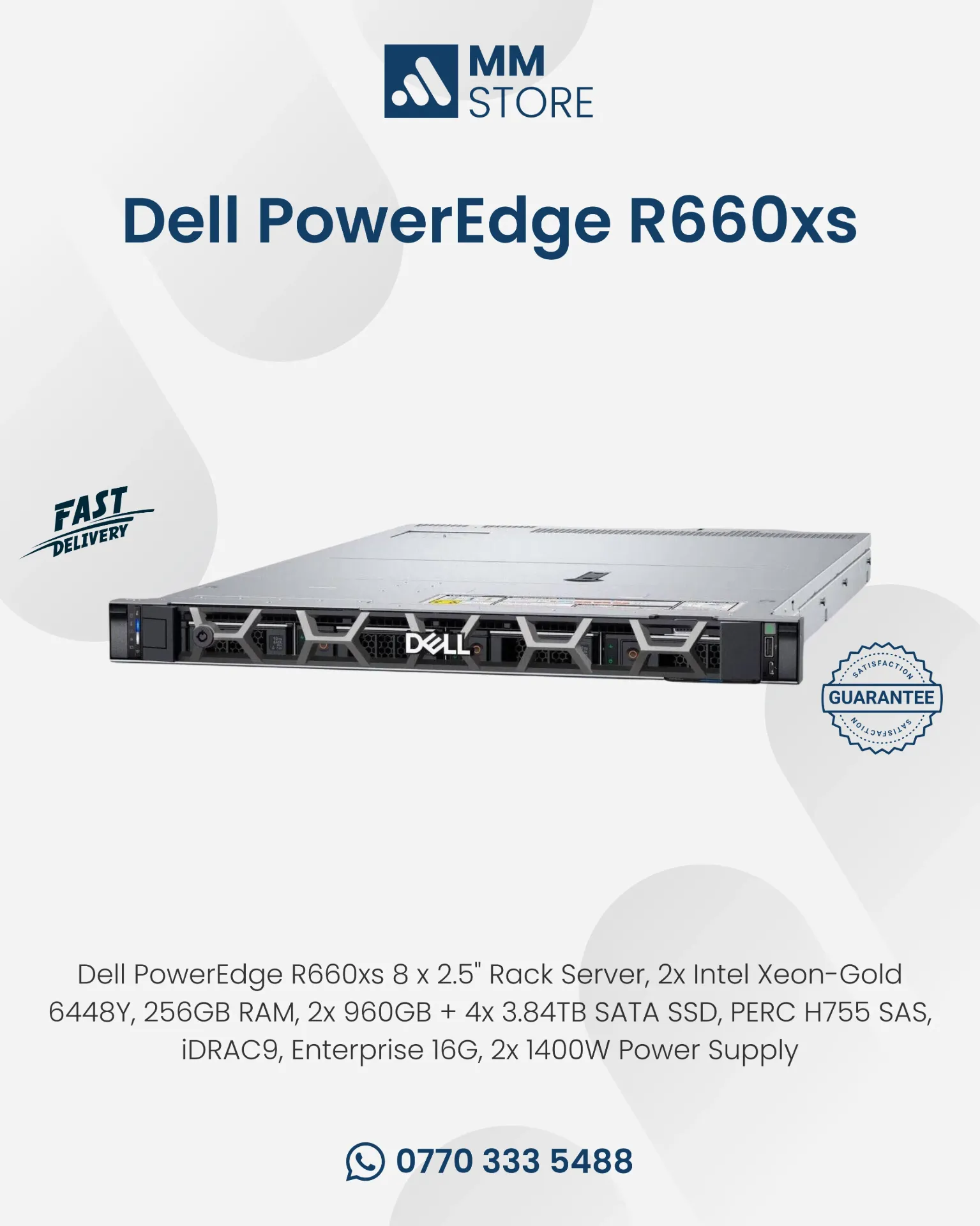 Dell PowerEdge R660xs 8 x 2.5" Rack Server, 2x Intel Xeon-Gold 6448Y, 256GB RAM, 2x 960GB + 4x 3.84TB SATA SSD, PERC H755 SAS, iDRAC9, Enterprise 16G, 2x 1400W Power Supply