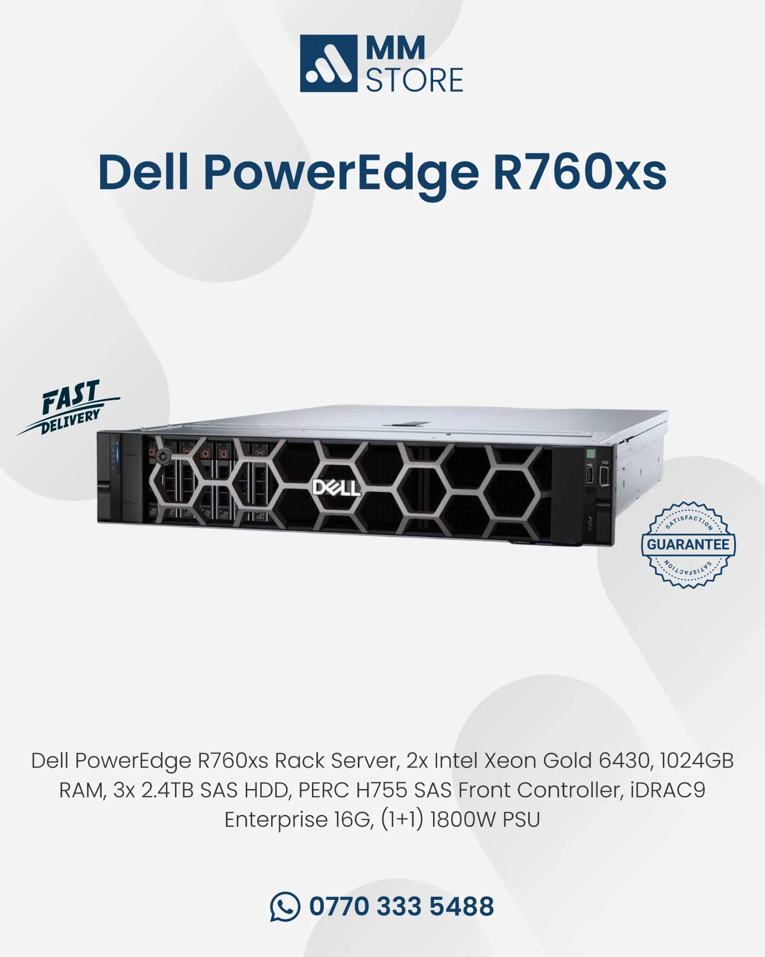 Dell PowerEdge R760xs Rack Server, 2x Intel Xeon Gold 6430, 1024GB RAM, 3x 2.4TB SAS HDD, PERC H755 SAS Front Controller, iDRAC9 Enterprise 16G, (1+1) 1800W PSU