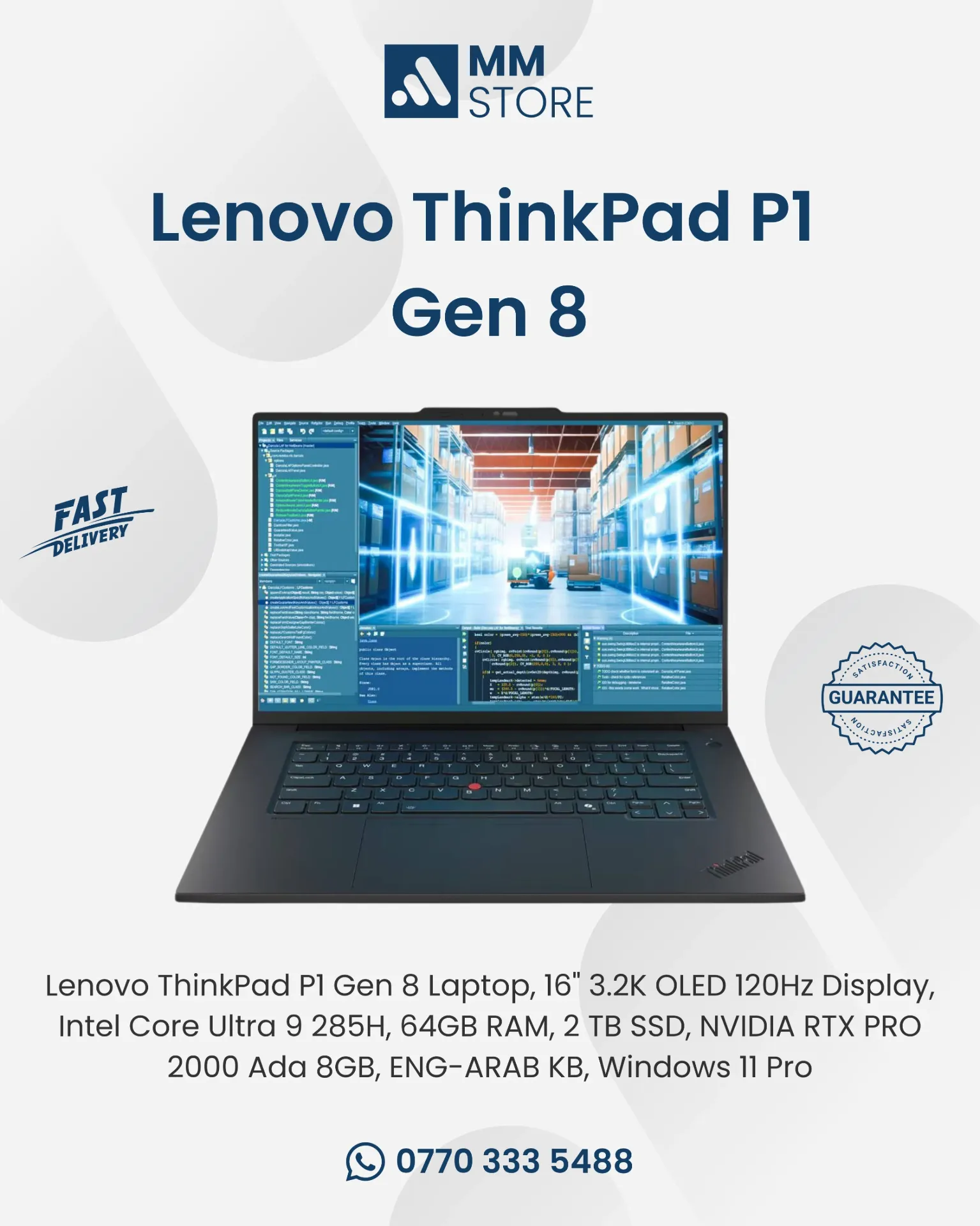 Lenovo ThinkPad P1 Gen 8 Laptop, 16" 3.2K OLED 120Hz Display, Intel Core Ultra 9 285H, 64GB RAM, 2 TB SSD, NVIDIA RTX PRO 2000 Ada 8GB, ENG-ARAB KB, Windows 11 Pro