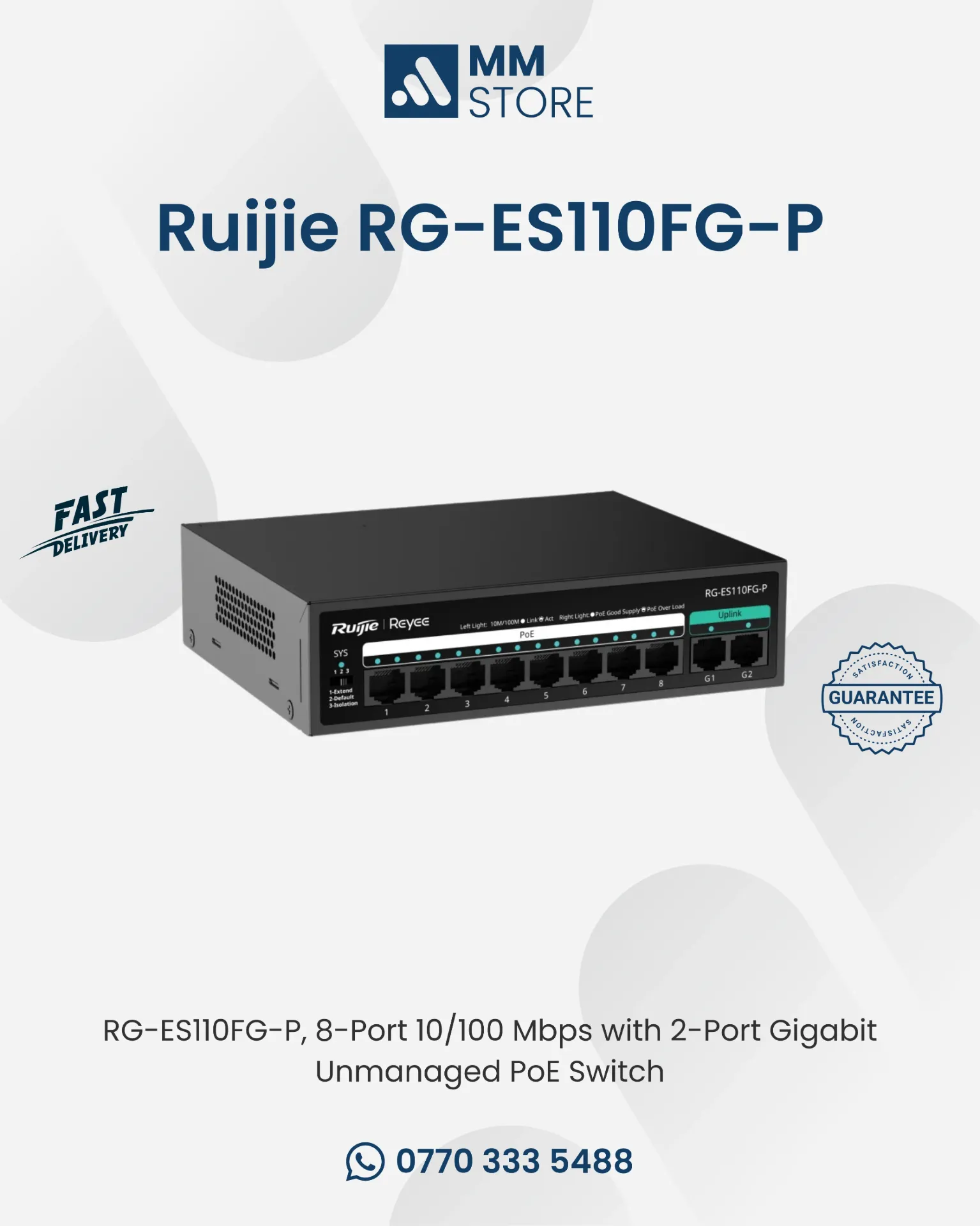 RG-ES110FG-P, 8-Port 10/100 Mbps with 2-Port Gigabit Unmanaged PoE Switch