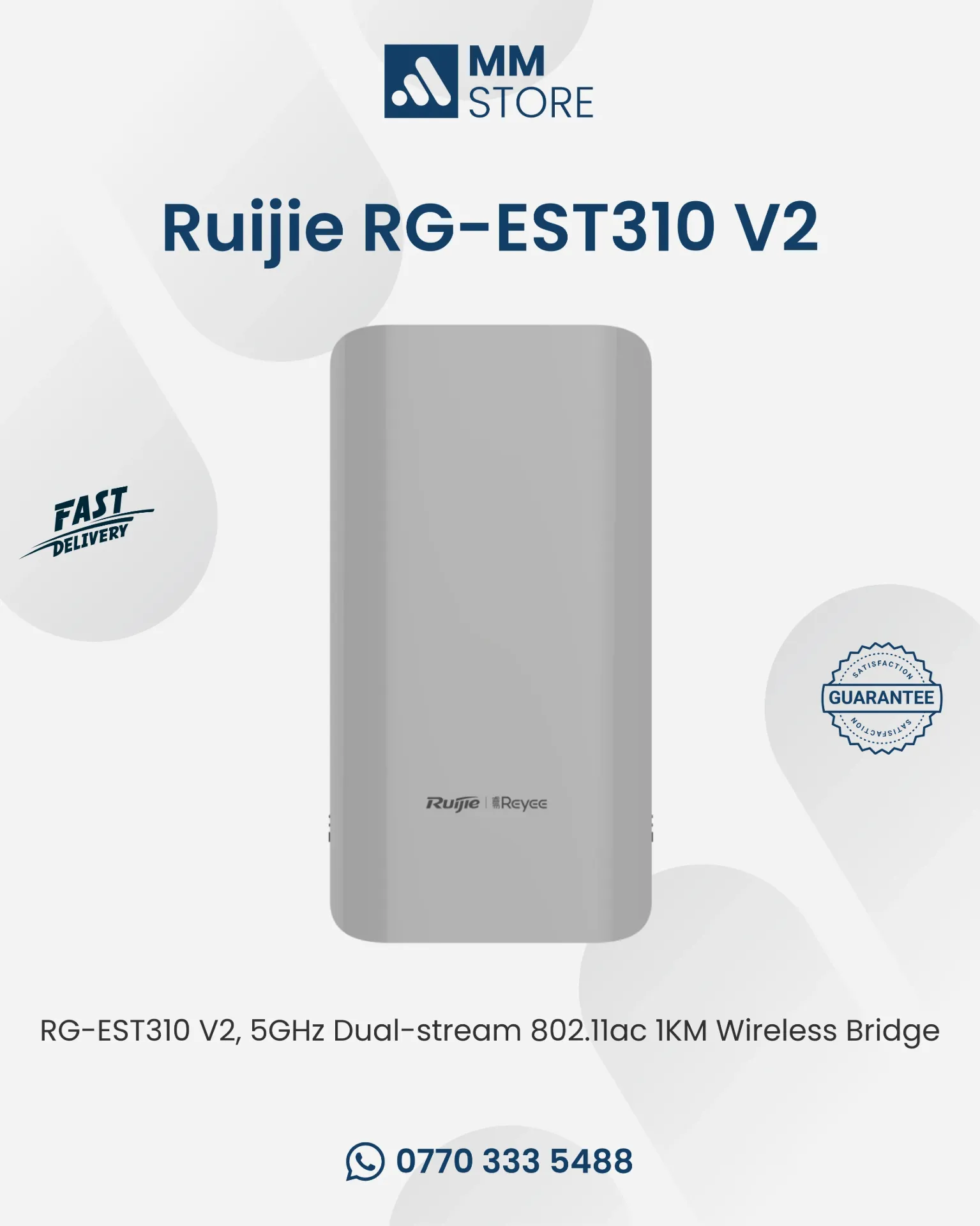 RG-EST310 V2, 5GHz Dual-stream 802.11ac 1KM Wireless Bridge