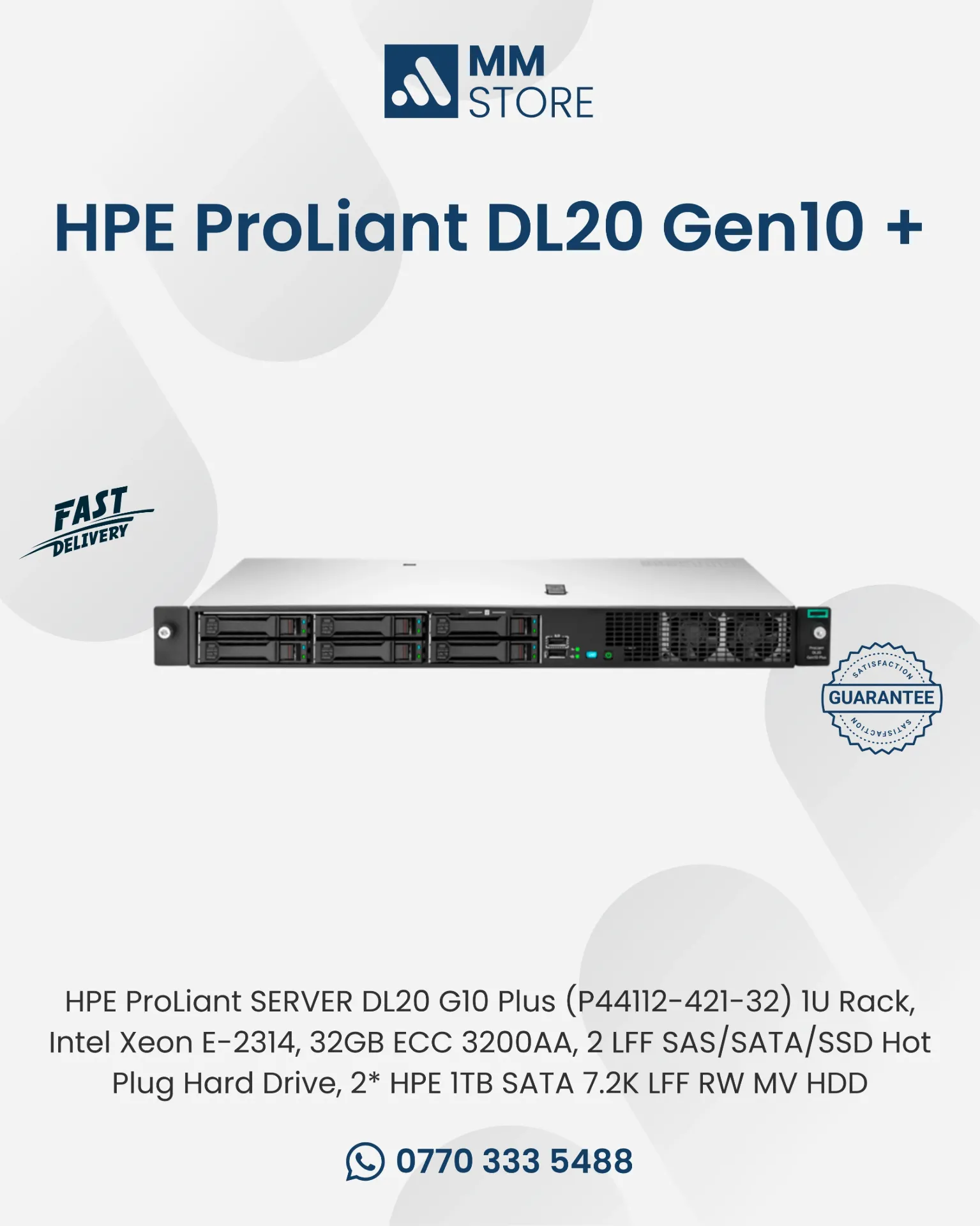 HPE ProLiant SERVER DL20 G10 Plus (P44112-421-32) 1U Rack, Intel Xeon E-2314, 32GB ECC 3200AA, 2 LFF SAS/SATA/SSD Hot Plug Hard Drive, 2* HPE 1TB SATA 7.2K LFF RW MV HDD