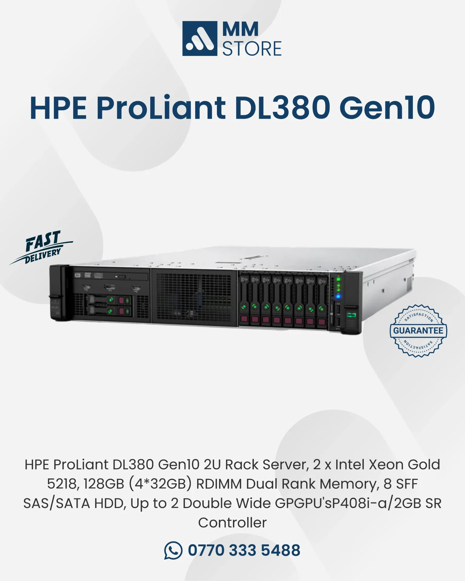 HPE ProLiant DL380 Gen10 2U Rack Server, 2 x Intel Xeon Gold 5218, 128GB (4*32GB) RDIMM Dual Rank Memory, 8 SFF SAS/SATA HDD, Up to 2 Double Wide GPGPU'sP408i-a/2GB SR Controller