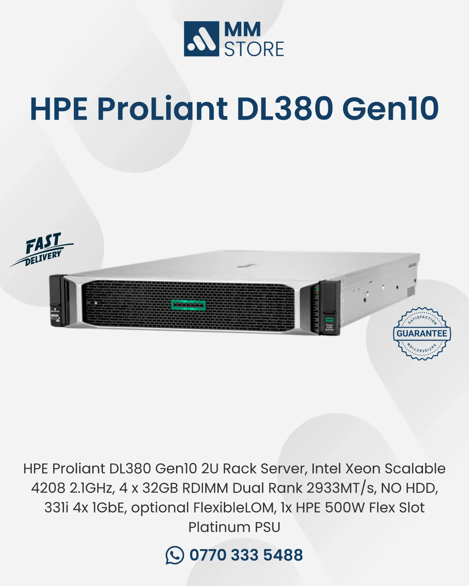 HPE ProLiant DL380 Gen10 2U Rack Server, Intel Xeon Scalable 4208 2.1GHz, 4 x 32GB RDIMM Dual Rank 2933MT/s, NO HDD, 331i 4x 1GbE, optional Flexible LOM, 1x HPE 500W Flex Slot Platinum PSU