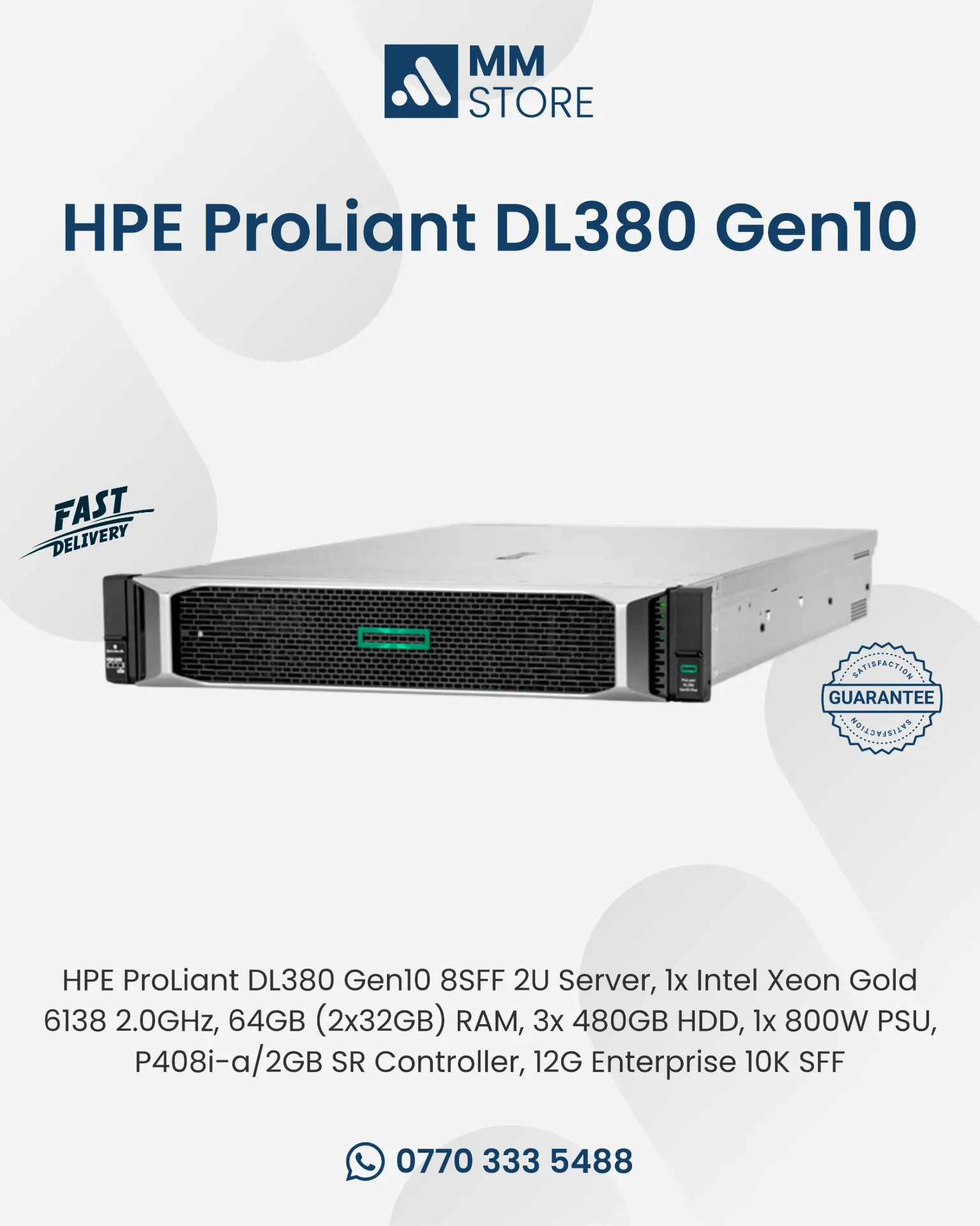 HPE ProLiant DL380 Gen10 8SFF 2U Server, 1x Intel Xeon Gold 6138 2.0GHz, 64GB (2x32GB) RAM, 3x 480GB HDD, 1x 800W PSU, P408i-a/2GB SR Controller, 12G Enterprise 10K SFF