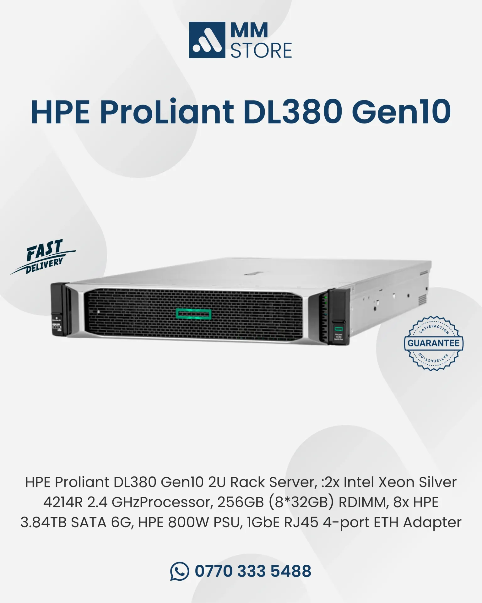 HPE ProLiant DL380 Gen10 (P23465-B21) 2U Rack Server, :2x Intel Xeon Silver 4214R 2.4 GHz Processor, 256GB (8*32GB) RDIMM, 8x HPE 3.84TB SATA 6G, HPE 800W PSU, 1GbE RJ45 4-port ETH Adapter