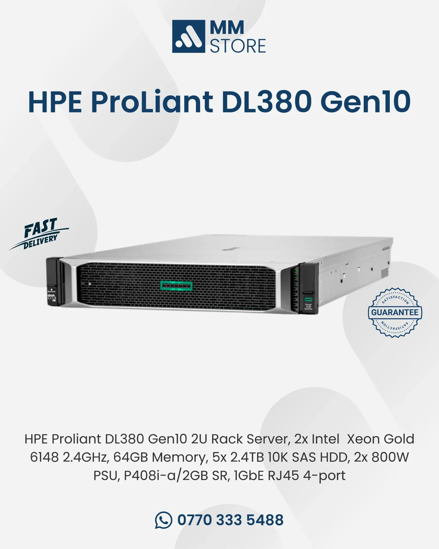 HPE Proliant DL380 Gen10 2U Rack Server, 2x Intel  Xeon Gold 6148 2.4GHz, 64GB Memory, 5x 2.4TB 10K SAS HDD, 2x 800W PSU, P408i-a/2GB SR, 1GbE RJ45 4-port