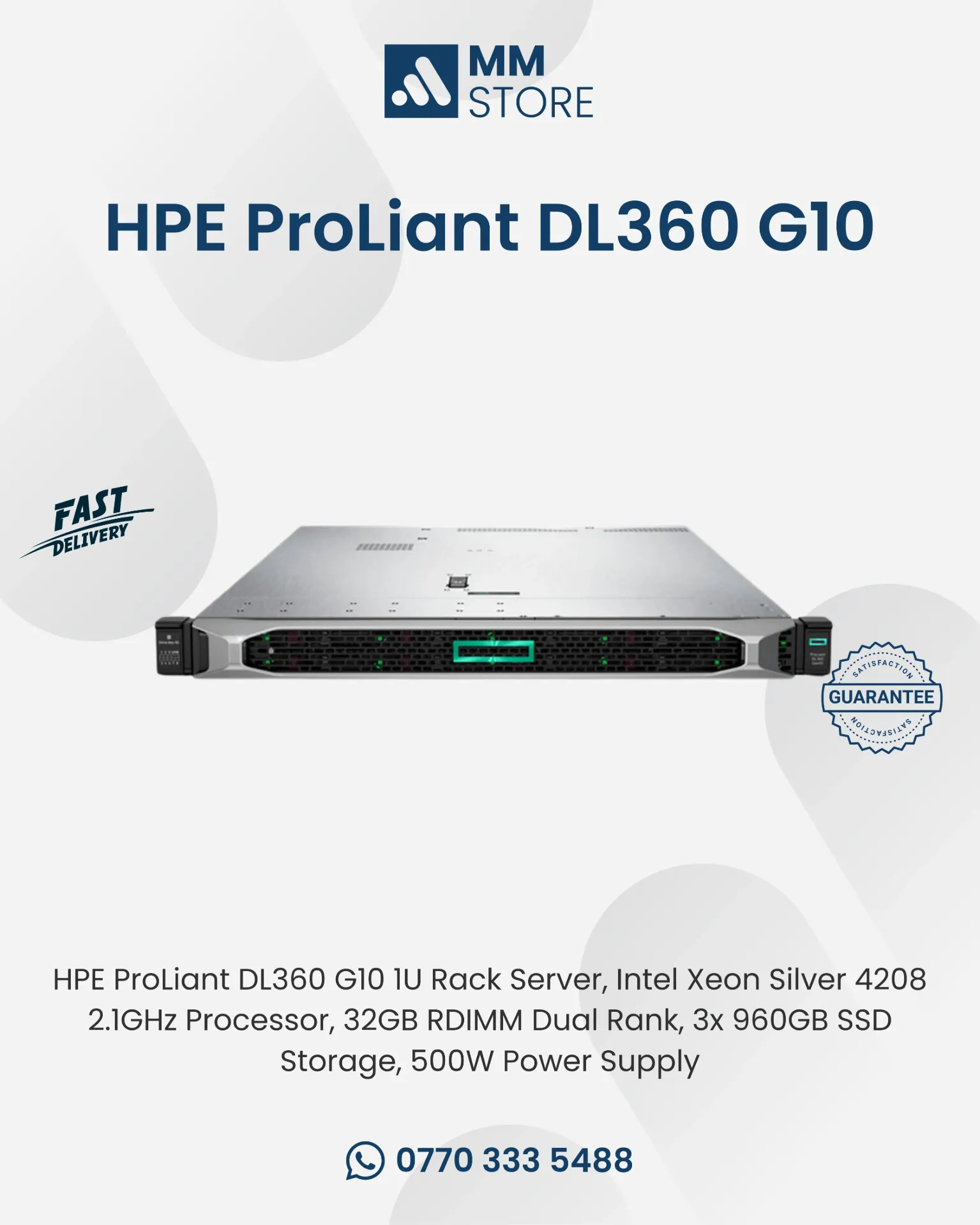 HPE ProLiant DL360 G10 1U Rack Server, Intel Xeon Silver 4208 2.1GHz Processor, 32GB RDIMM Dual Rank, 3x 960GB SSD Storage, 500W Power Supply