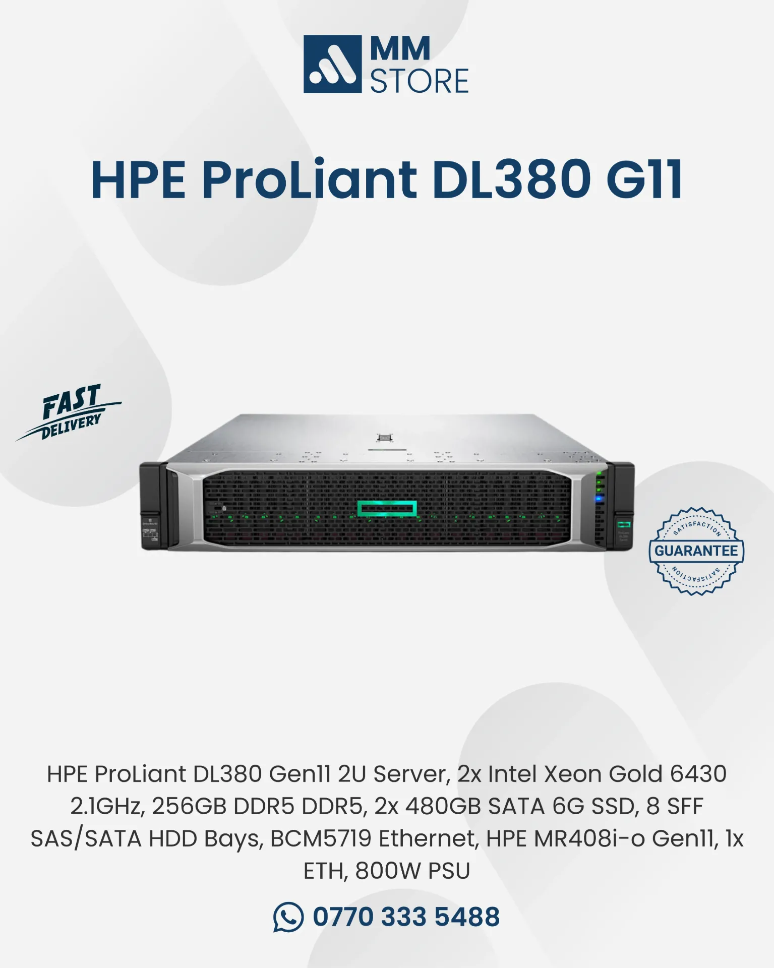 HPE ProLiant DL380 Gen11 2U Server, 2x Intel Xeon Gold 6430 2.1GHz, 256GB DDR5 DDR5, 2x 480GB SATA 6G SSD, 8 SFF SAS/SATA HDD Bays, BCM5719 Ethernet, HPE MR408i-o Gen11, 1x ETH, 800W PSU