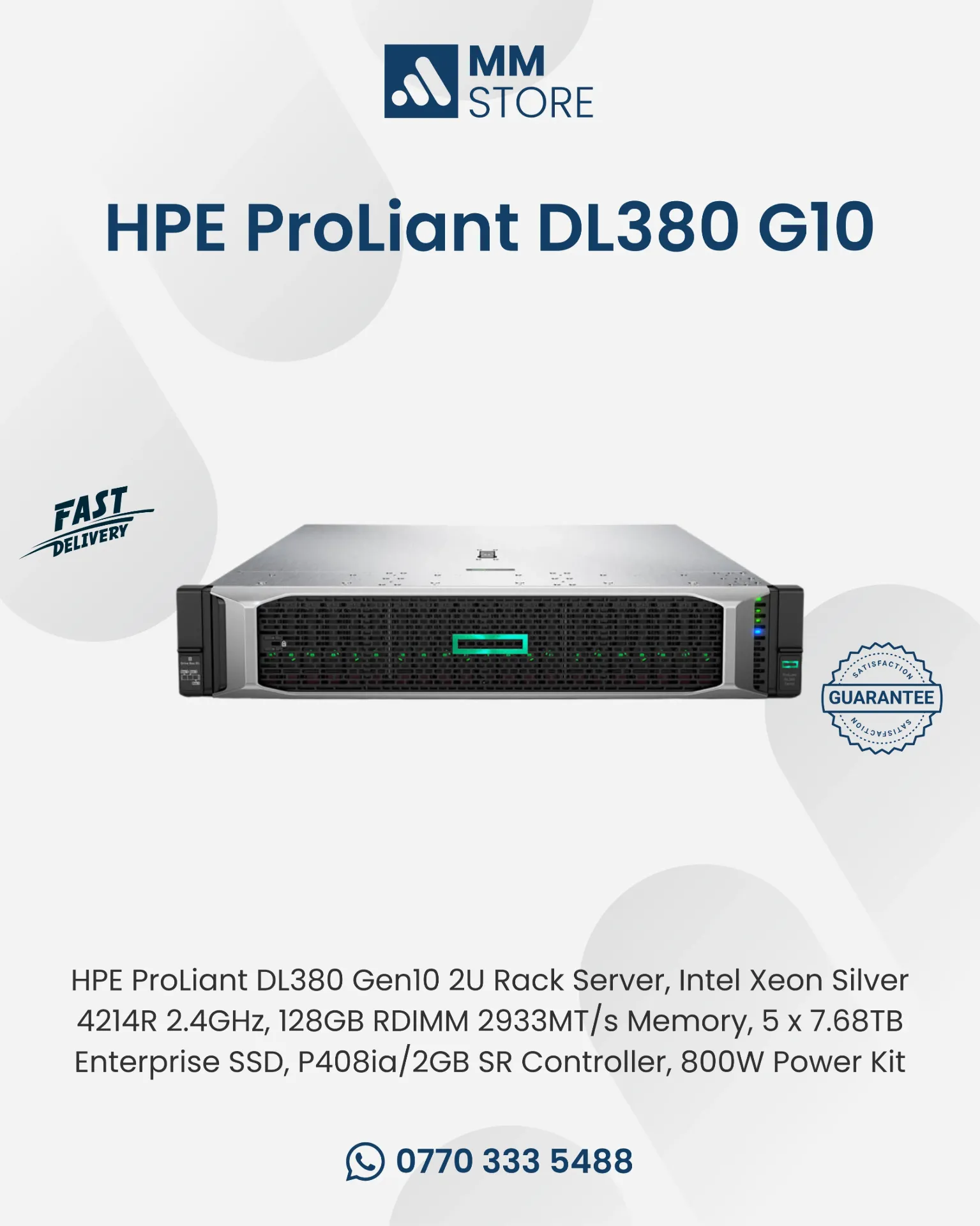 HPE ProLiant DL380 Gen10 2U Rack Server, Intel Xeon Silver 4214R 2.4GHz, 128GB RDIMM 2933MT/s Memory, 5 x 7.68TB Enterprise SSD, P408ia/2GB SR Controller, 800W Power Kit