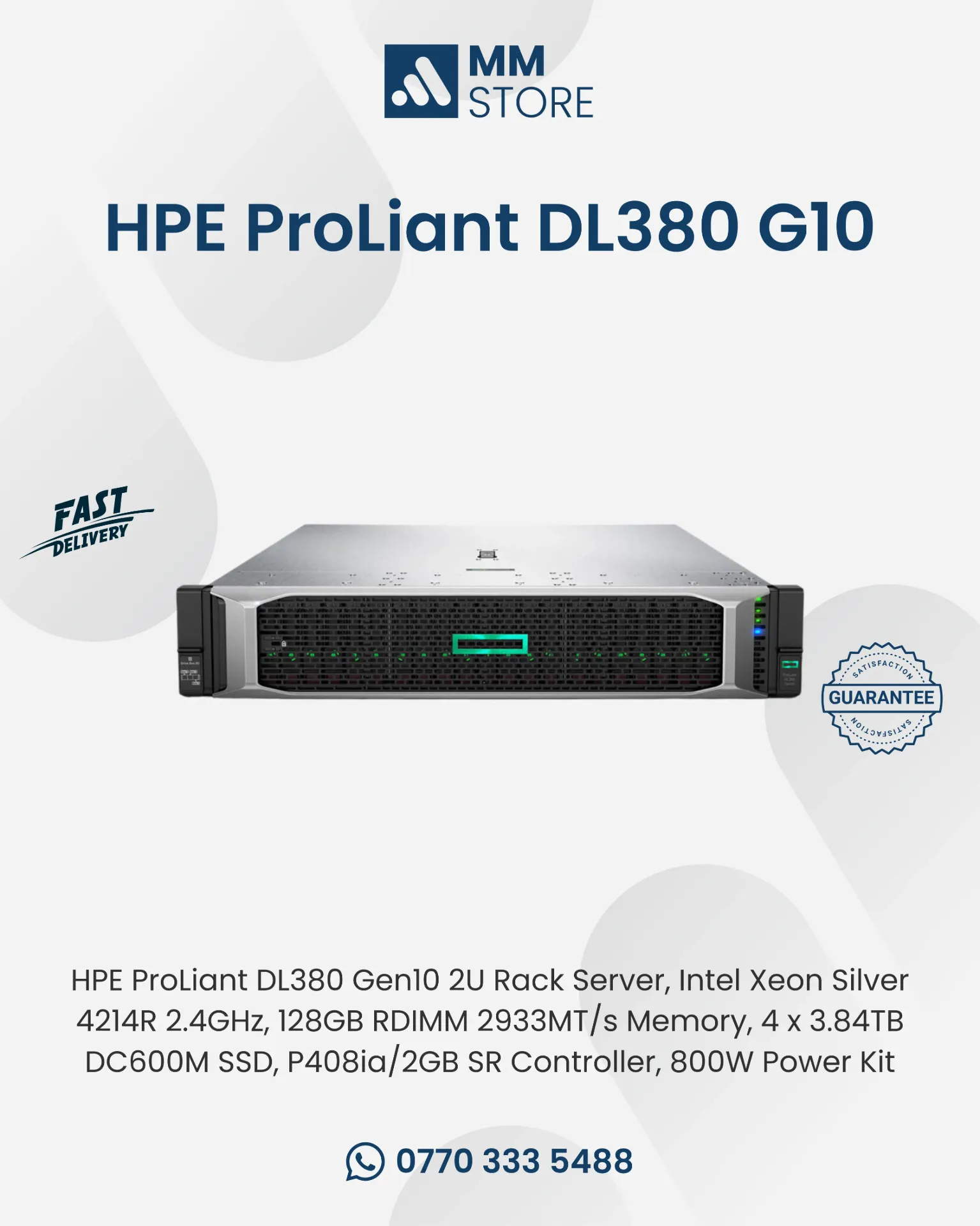 HPE ProLiant DL380 Gen10 2U Rack Server, Intel Xeon Silver 4214R 2.4GHz, 128GB RDIMM 2933MT/s Memory, 4 x 3.84TB DC600M SSD, P408ia/2GB SR Controller, 800W Power Kit